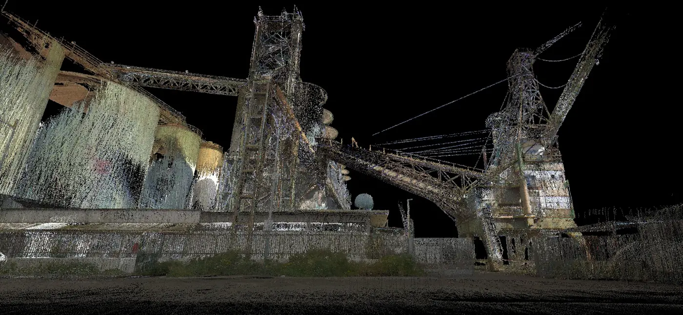 Rilievo laser scanner di torri e nastri trasportatori in acciaio